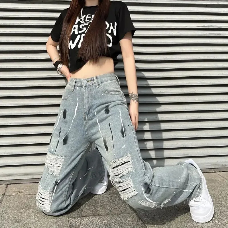 Torn with Holes Blue Pattern Graphic High Waist S Womens Jeans Ripped Straight Leg Pants for Women Pockets Print Trousers R Z 240821