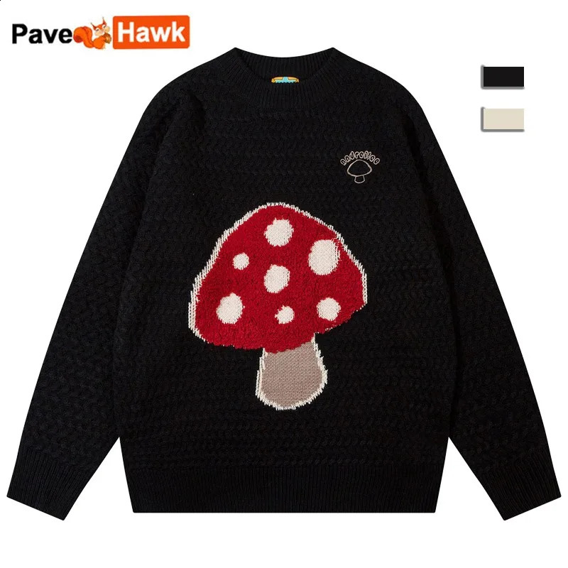 Loose knit sweater mens hiphop retro cartoon mushroom oversized zipper black Harajuku casual jumper unisex autumn 240821