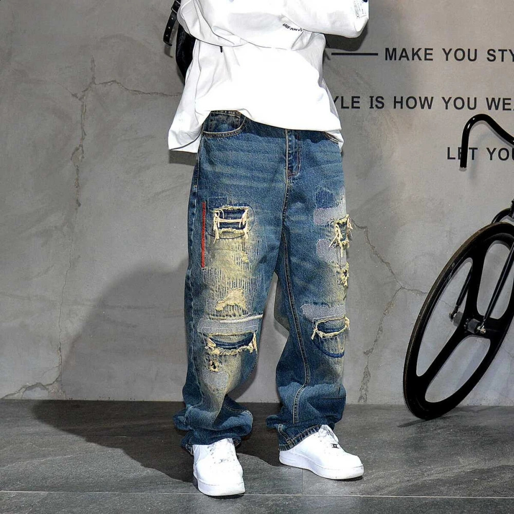 American Streetwear Ripped Patch Jeans Hip Hop Baggy Jeans Mens Clothing Vintage Denim Cargo Pants Japanese Harajuku Trousers 240821