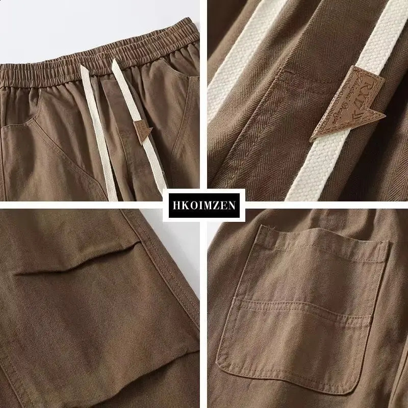 Spring and autumn pure color fashion cotton straight pants mens street casual loose pocket patch work drawer set 240821