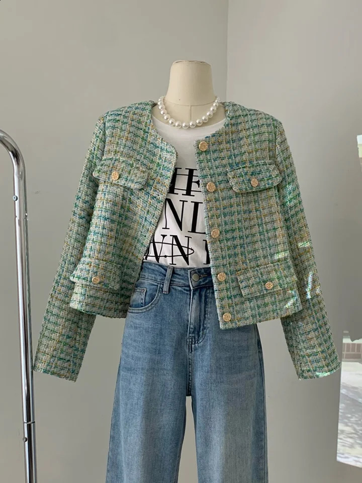 Zoki Retro Green Plaid Tweed Jacket Women Elegant O Neck Long Sleeve Sweet Coat Korean Casual Vintage Female Outwear Tops 240821