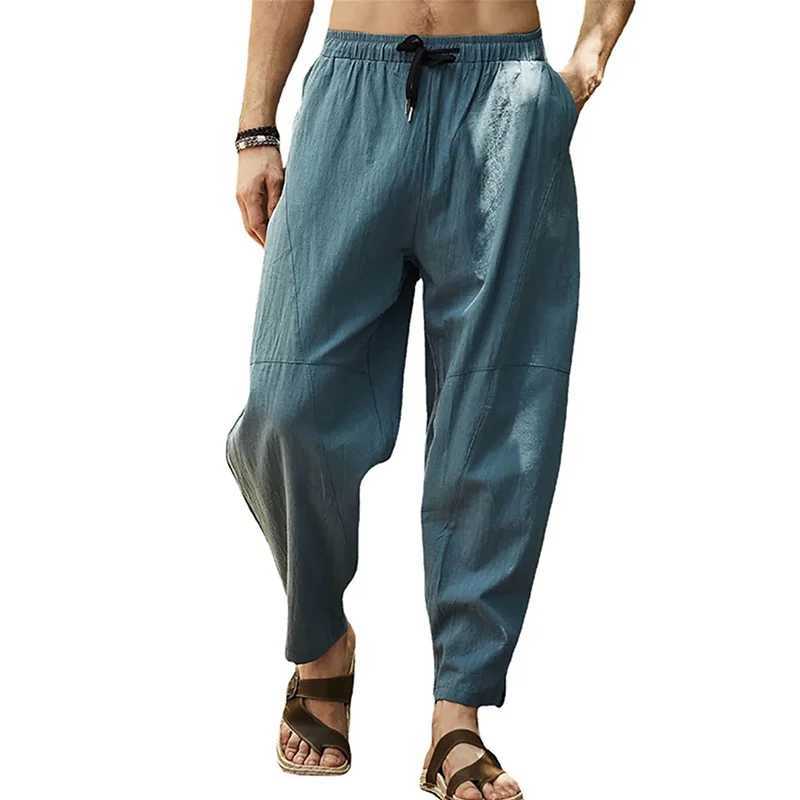 Mens cotton linen pants mens autumn casual breathable solid color linen pants fitness pocket pencil pants M-5XLW240725