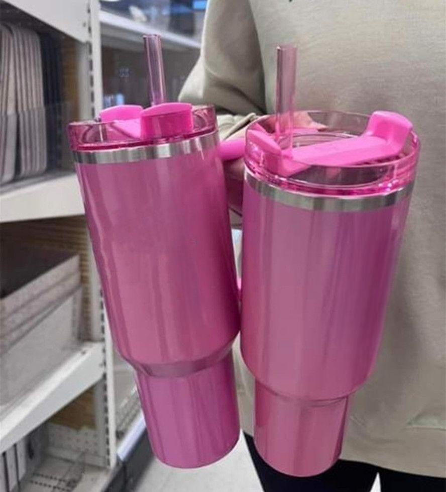 US Stock 14oz 20oz 40oz Tumbler Pink Rose Blue Magnolia Stainless Steel Cups with handle Lid And Straw Neon Pink White Black Travel Car Mug