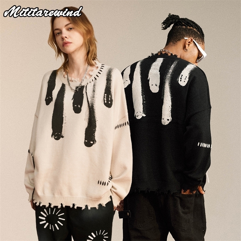 Hip Hop Y2K Streetwear Sweaters for Men Tassel Grunge Ripped Ghost Print Knitted Jumpers Harajuku Casual Pullovers Sweaters Men 240821