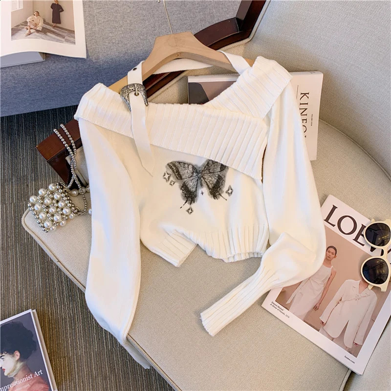 Y2k Aesthetic Butterfly Printed Top for Women Retro Casual Knitted Pulled Diagonal Collar Pendant Jumper Harajuku Grunge Sweater 90s 240821