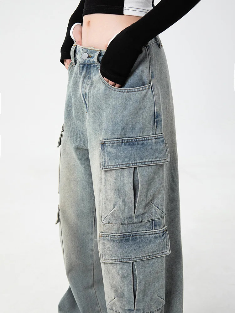 Autumn Cottom Men Cargo Jeans Baggy American High Street Multi-pocket Youth Overalls Fashion Streetwear Vintage Wide Leg Pants 240821