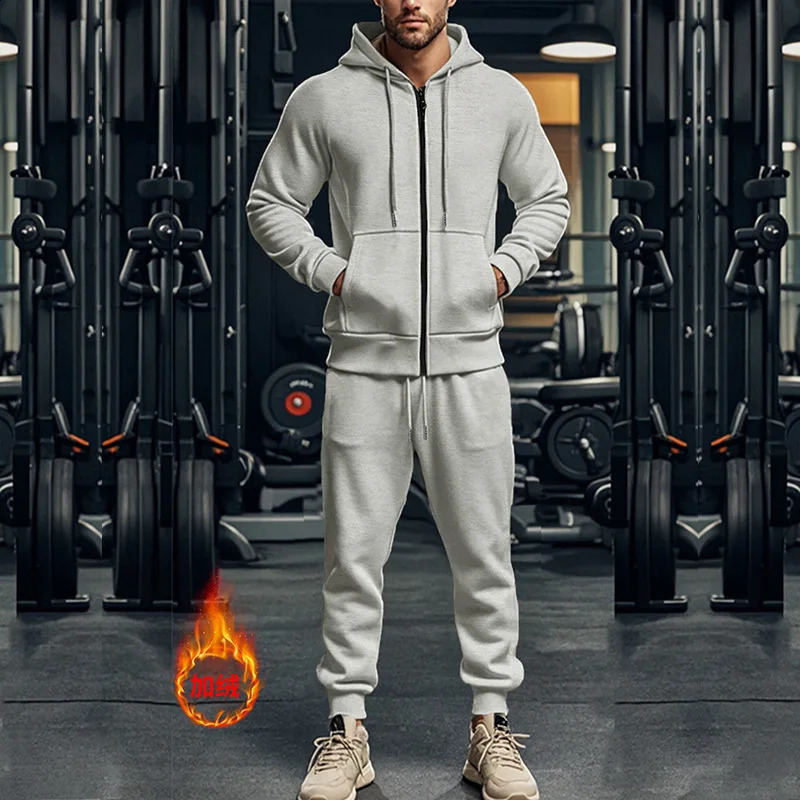 autumn and winter lightweight casual mens wool warm track clothing hooded zipper jacket and mens two-piece set 240827