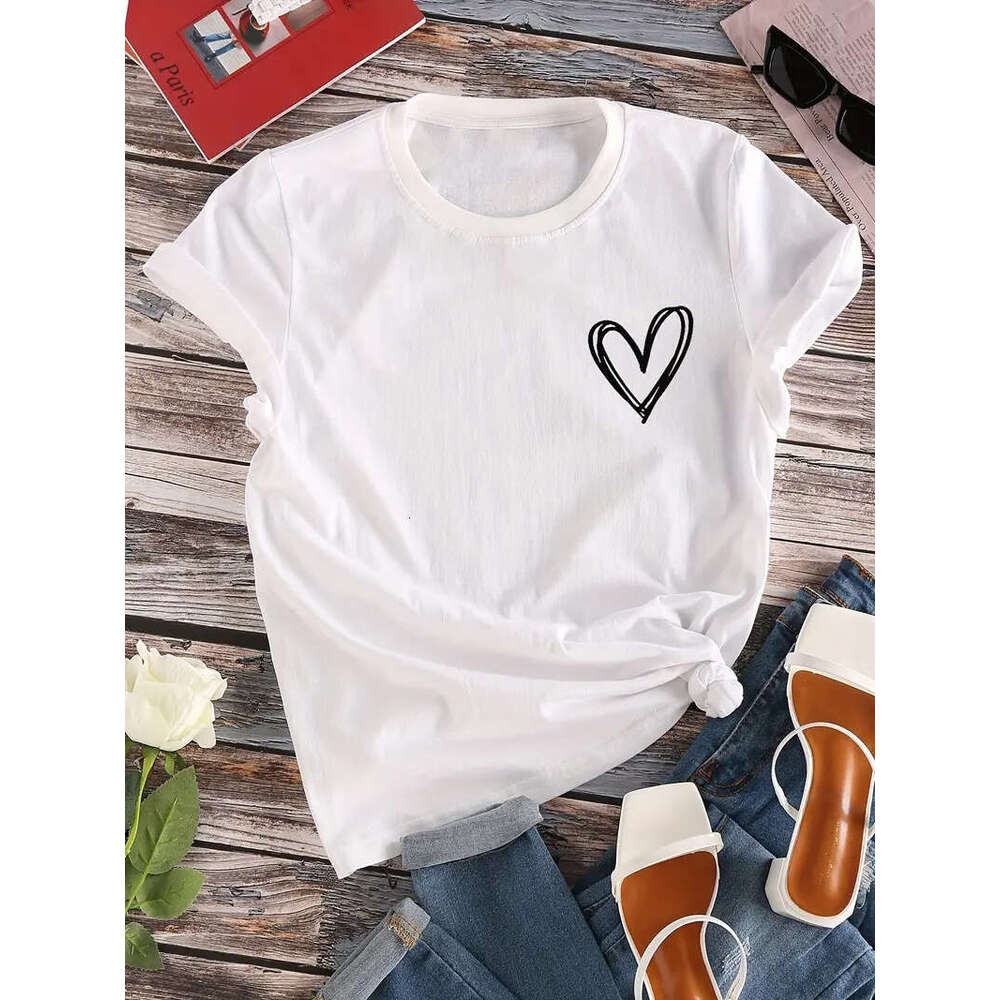 Print Heart Crew Neck Short Sleeve T-Shirt, Casual Tops, Women's Clothing