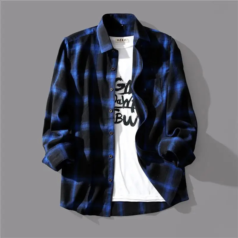 Cotton black and white checkered mens shirt Korean spring loose casual single-layer long sleeved top 240821