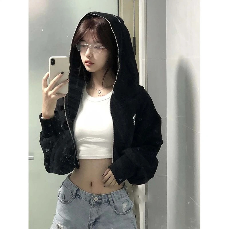 Zipup Hooded Coats Black High Waist Sudadera Short Sweatshirt Y2k Crop Tops Casual Women Zipper American Vintage Streetwear 240821