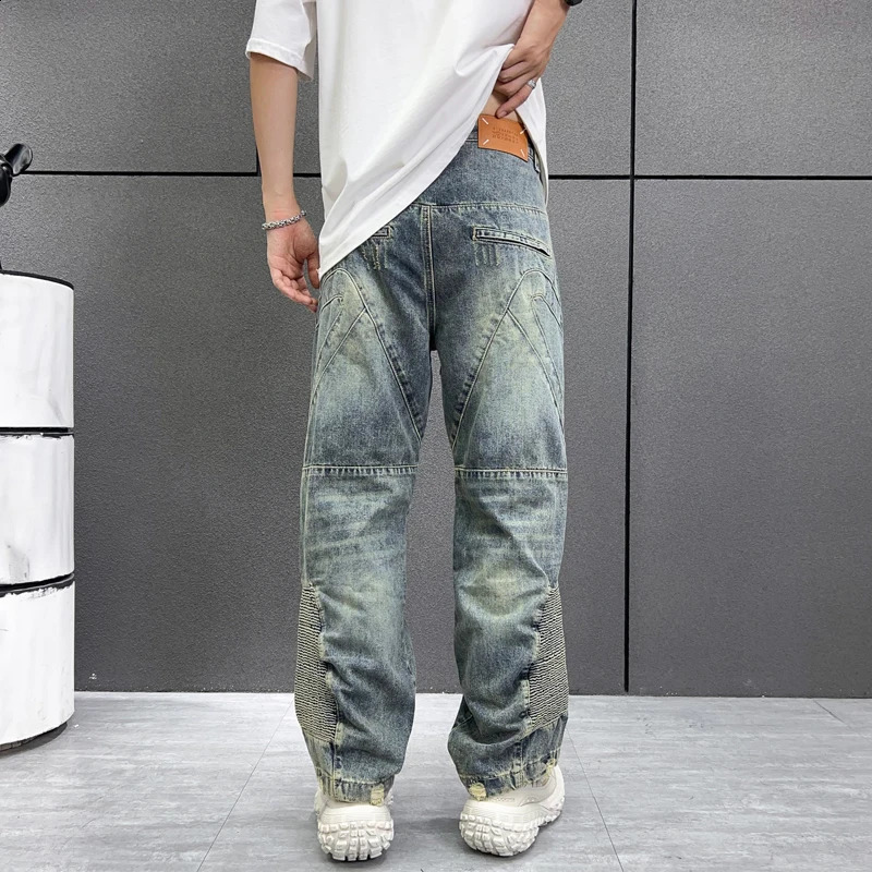 Personalized fashion 3D printing pattern Street beat high-end retro hole mens jeans openwork zipper casual pants wide-legged 240821