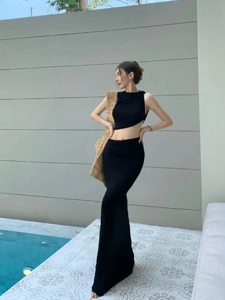 Sweet Girl Suit Womens Summer Retro Coffee Sleeveless Tank Top Wrapped Hip long Skirt Two-piece Set fashion female clothes 240820