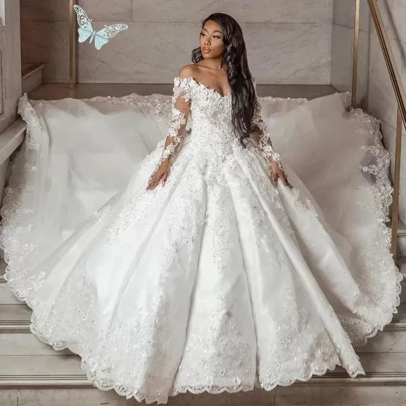 Arabic Dubai Wedding Dresses Floral Flower Lace Off Shoulder Long Sleeves Bridal Gowns Church Train Vestidos De Novia Formal Brides Dress Ball Gown