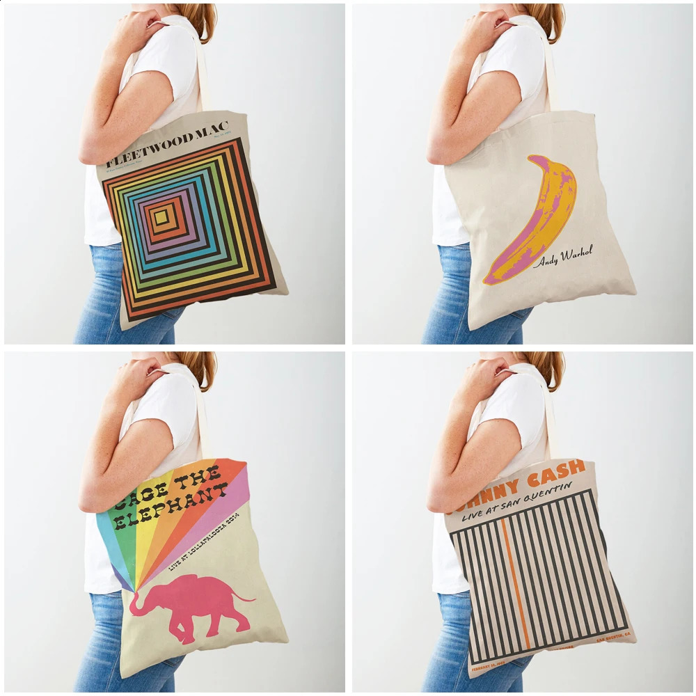 The music poster features performances by various bands shopping bags double printing casual Nordic womens canvas handbags and 240820