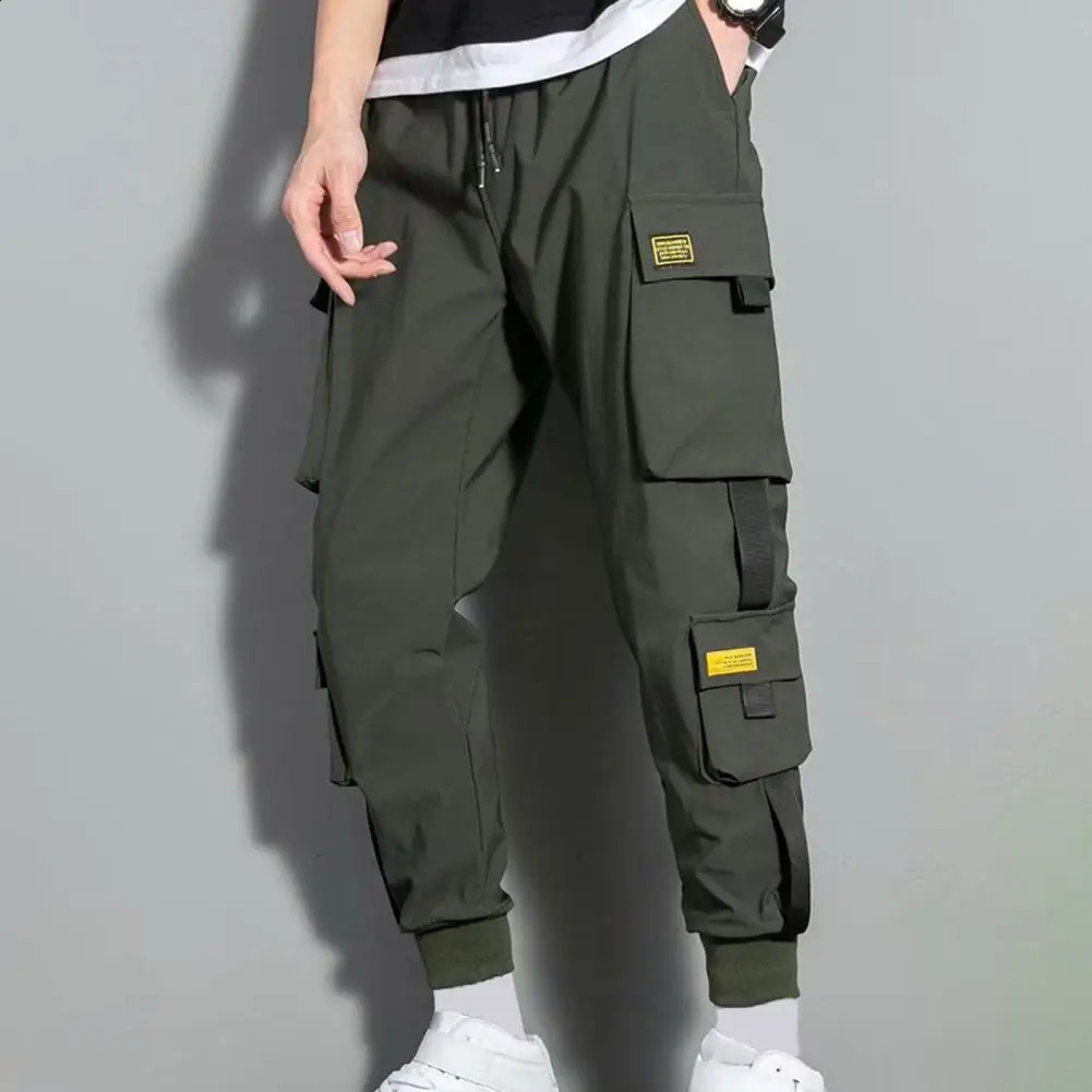 Streetwear Spring casual mens pants with multiple pockets cargo Harajuku ultrathin fit elastic waist for runners 240821