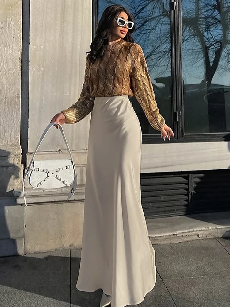 Aynaray Autumn Winter Women Sexy Maxi Satin Trumpet Skirts High Waist Flare Long Skirt Female 240820