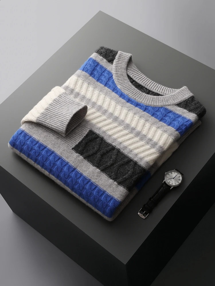 ADDONEE Men Autumn Winter Cashmere Sweater Thick O-neck Pullover Cable Knit Striped Clothing 100% Merino Wool Knitwear Fashion 240821