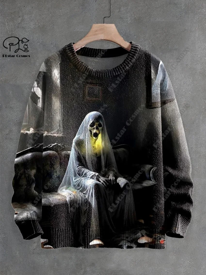 3D Printing Halloween Custom Series Horror Ghost Skull Witch Black Cat Pattern Ugly Sweater Street Casual Winter Sweater W-9 240829