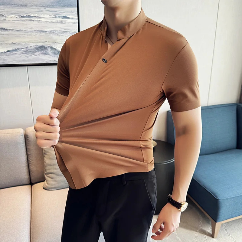 High Elastic POLO Shirt 2024 Summer Thin Chinese Stand Up Neck Solid Color Casual Short Sleeved T-shirt Mens Clothing 240821