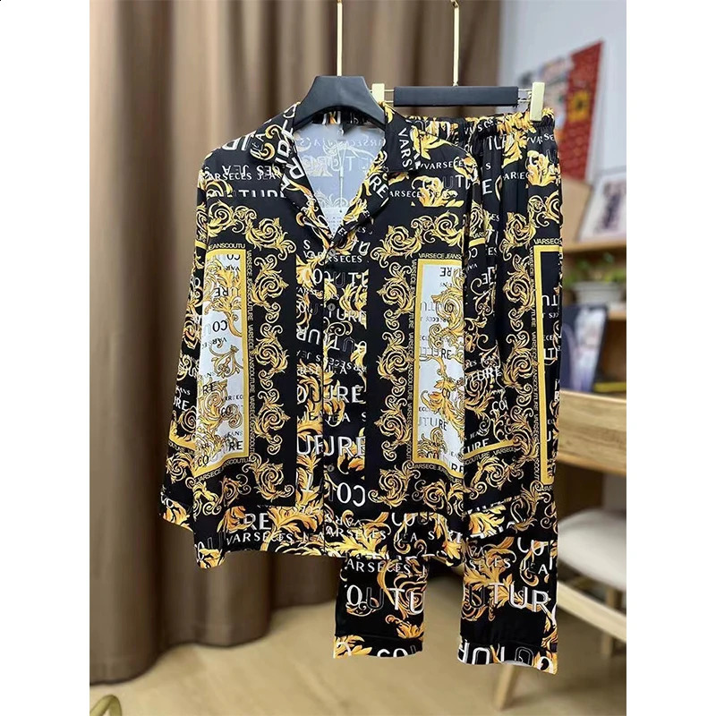 Fashion Printed Two Piece Set Mens Collar Button Long Sleeve Shirt and Straight Pants Summer Casual Clothing 240820
