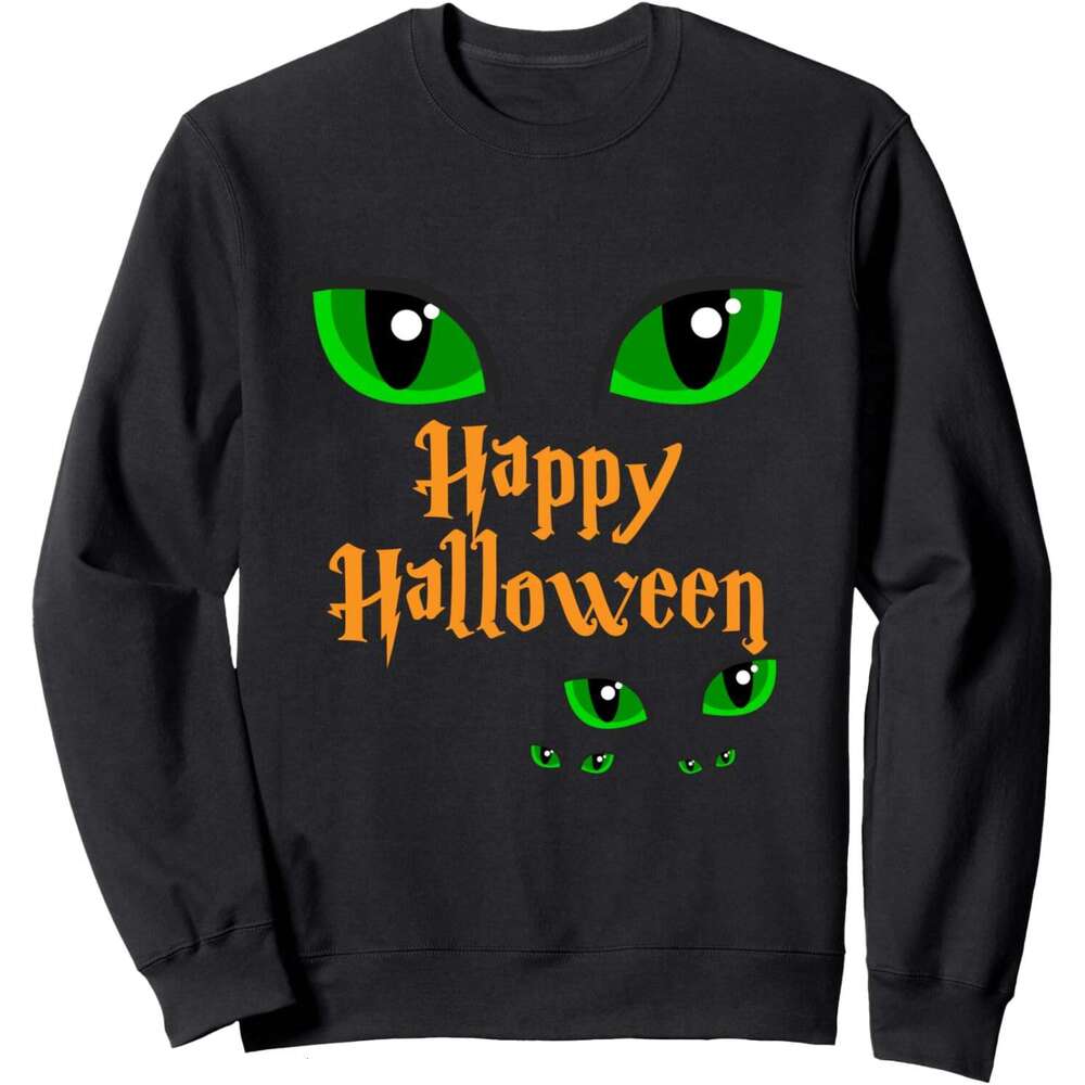 Long Sleeve Shirts for Men sweatshirt Happy Halloween Cute Cat Eyes Midnight Party Costume Sweatshirt T shirt Tee Streetwear Casual tops clothes