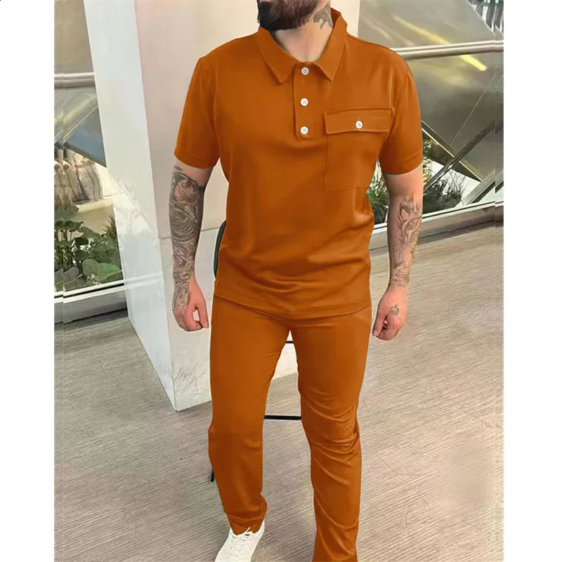Spring and autumn mens sportswear solid casual loose comfortable mens suit short sleeved polo shirt and pants two-piece set mens suit 240827