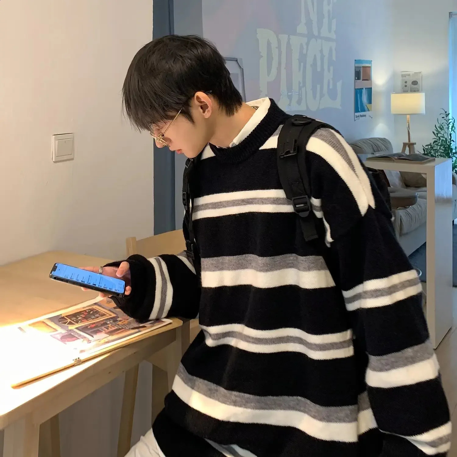 Japanese style round neck striped mens sweater for spring and autumn loose knit top with wide sole casual 240821