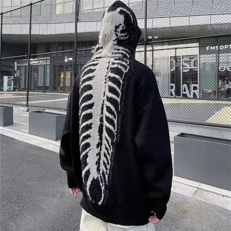 Y2k Men Sweater Graphic Print Slouchy Hooded Sweaters For Men In Winter Vintage Knit Black Sweater Trend Top Harajuku Streetwear 240821
