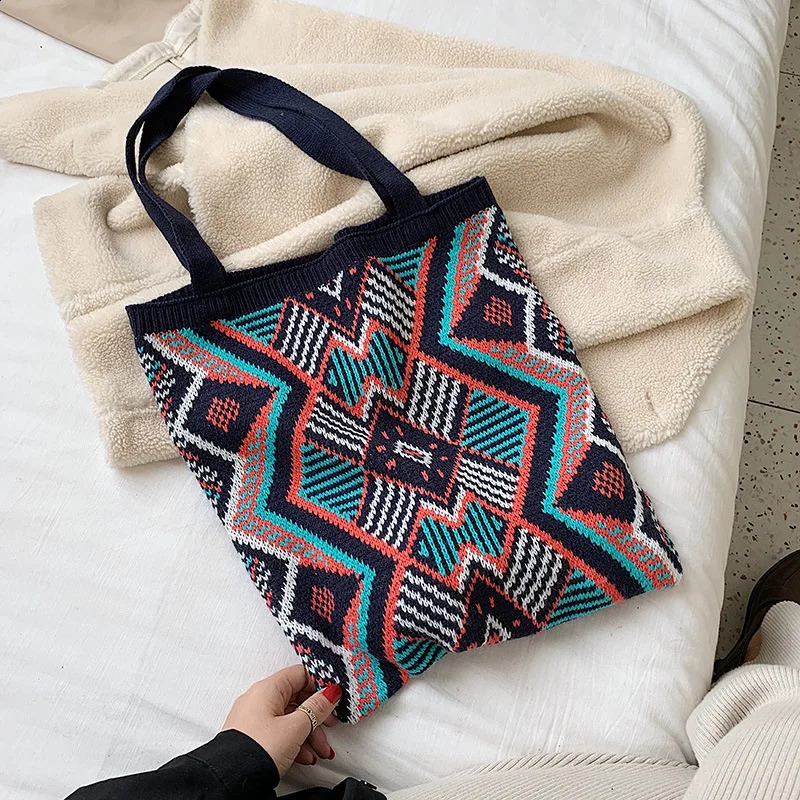 Lady Knitting Gypsy Bohemian Boho Chic Aztec Tote Bag Women Crochet Woolen Open Shopper Tophandle Female Daily Handbag 240820