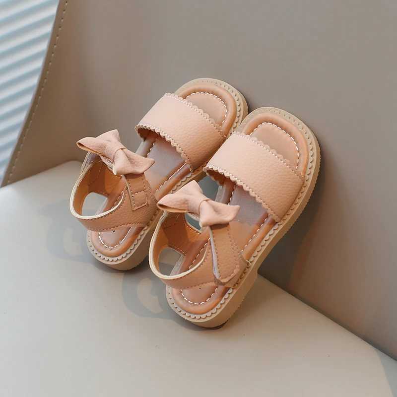 Baby Girl Summer Solid Color Bow Princess Square Head Childrens Beach Leisure Comfortable Sandals Childrens Elegant Student Flat Bottom W240821