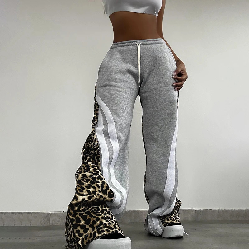 Sexy Leopard Print Patchwork Wide Leg Pants Women Drawstring Casual Baggy Sweatpants Spring Fall Harajuku Y2K Clothes 240820