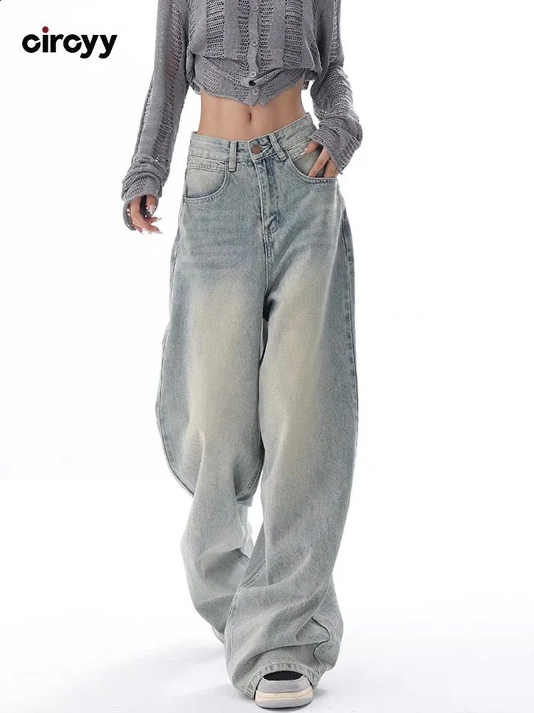 Circyy High Waisted Jeans Women Autumn Button Full Length Wide Leg Denim Pants Fashion Vintage Y2K Light Blue Loose Trousers 240821