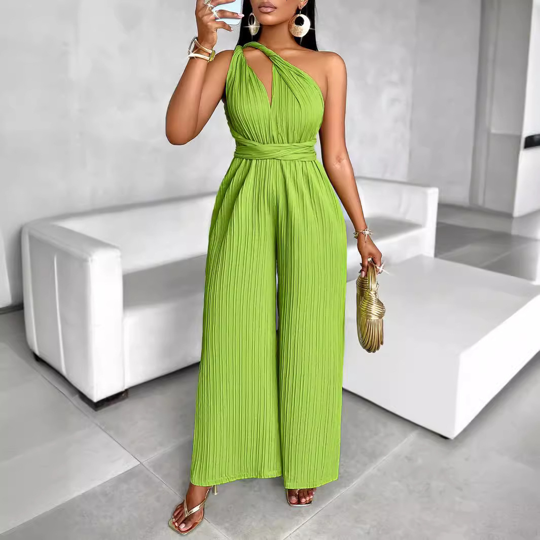 Summer Style Solid Color Slant Collar Waist Jumpsuit Casual New Product
