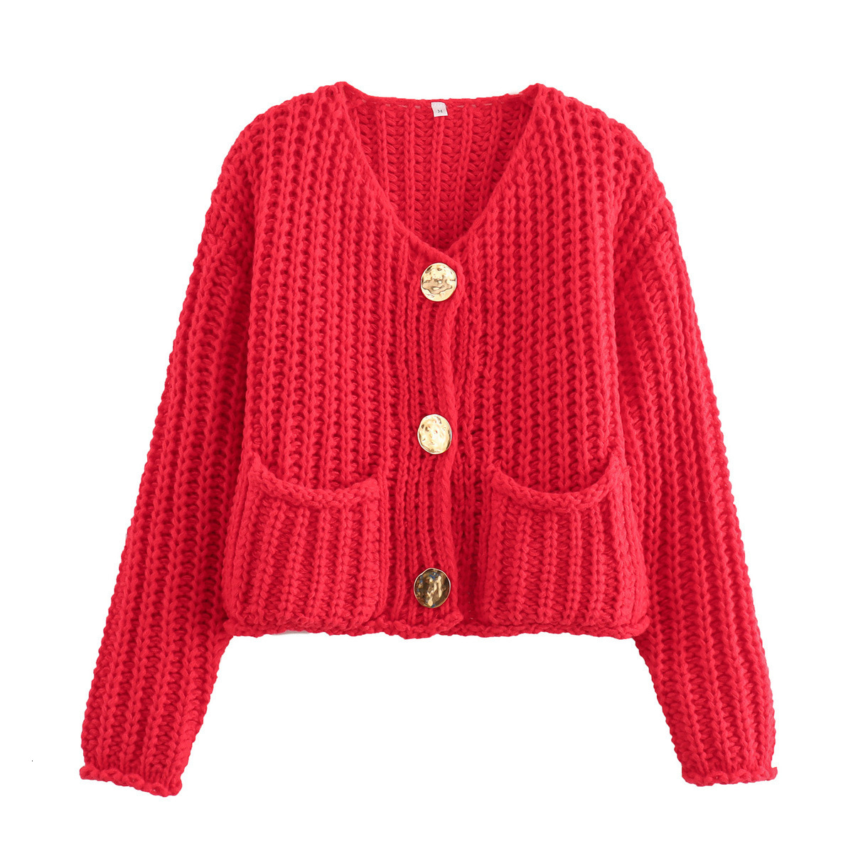 2024 women's solid color single breasted double pocket short coarse knitted sweater jacket B66004