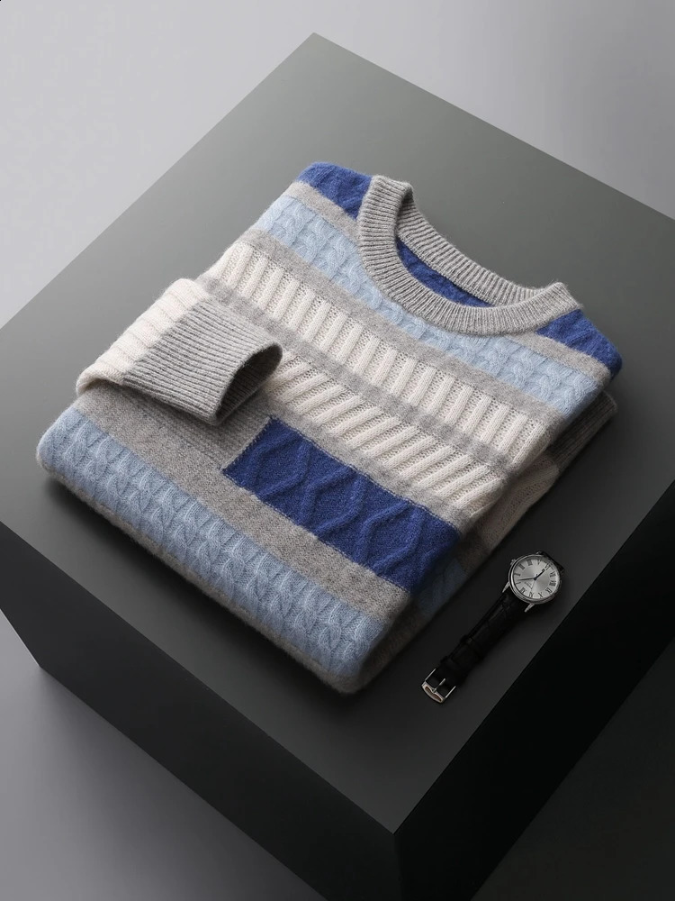 ADDONEE Men Autumn Winter Cashmere Sweater Thick O-neck Pullover Cable Knit Striped Clothing 100% Merino Wool Knitwear Fashion 240821