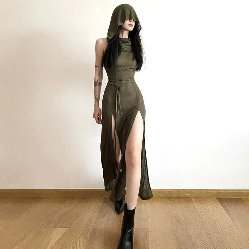 Goth Dark Cyber Gothic Hooded Dresses Women Y2k Punk Grunge Hollow Out Midi Dress Sexy Split Side Bodycon Sexy Vestidos 240821