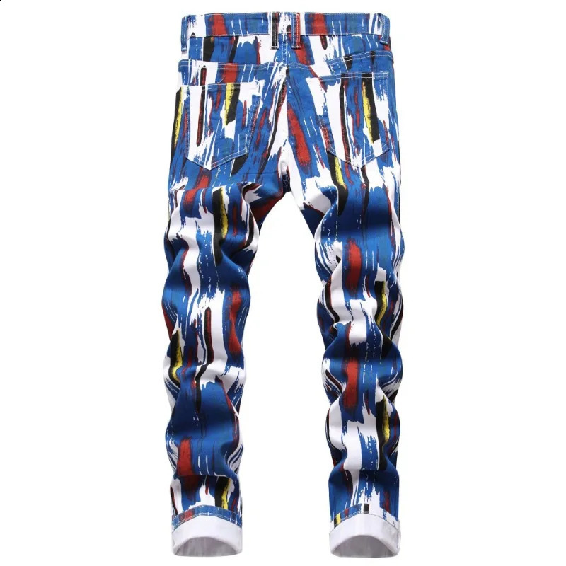 European and American jeans white printed jeans mens elastic color printing pattern personality straight denim trousers 240821