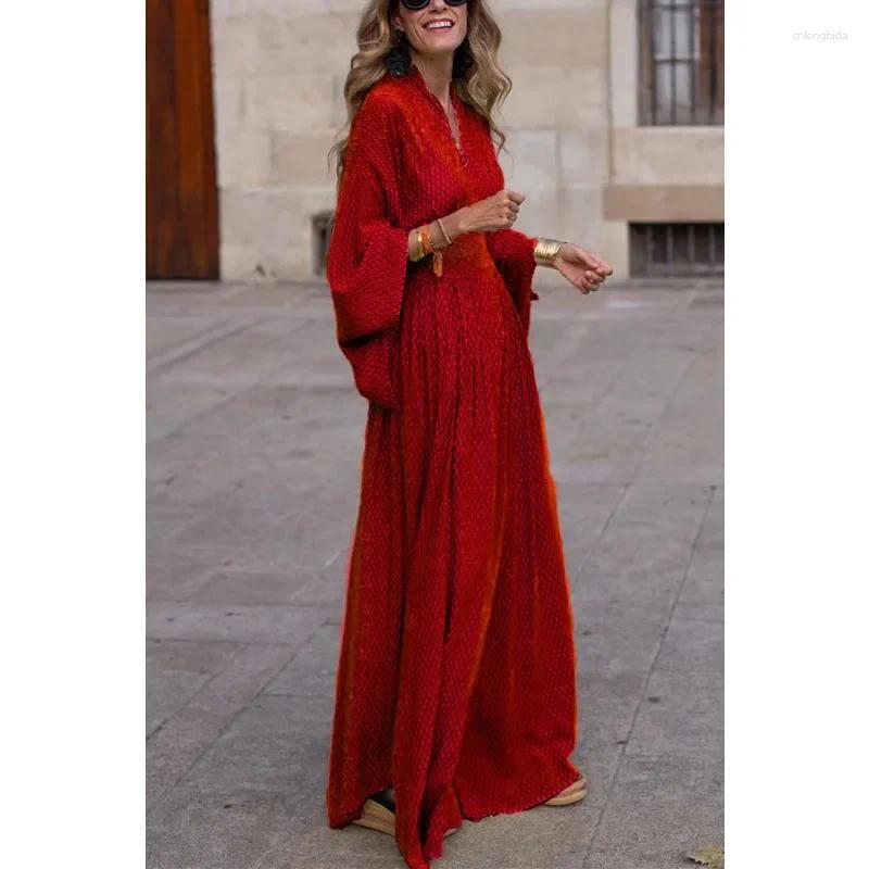 Casual Dresses Autumn Winter Long Sleeve V Neck High Waist Print Bohemian Or Length Maxi Dress, Elegant Women Corset Party Dress B1