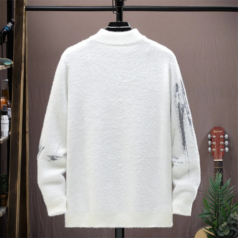 Winter Plaid Mink Cashmere Sweater Men Half Turtleneck Mens Sweaters Top Quality Pull Homme Thick Warm Pullover Men 240821