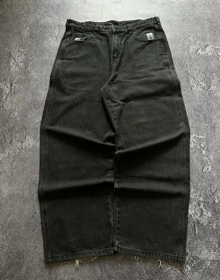 Y2K Korean simple double pocket printed embroidered straight jeans mens hip-hop street Harajuku high-waisted wide-leg pants 240821