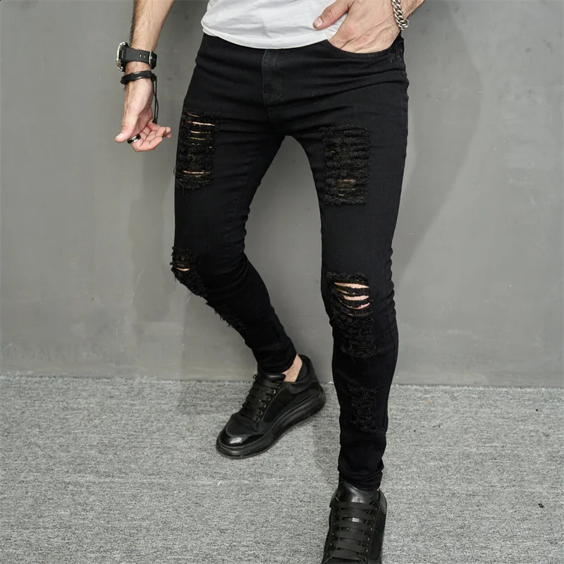 Streetwear Ripped Slim Men Pencil Jeans Pants Stylish Male Hip Hop Stretch Holes Casual Denim Trousers 240821