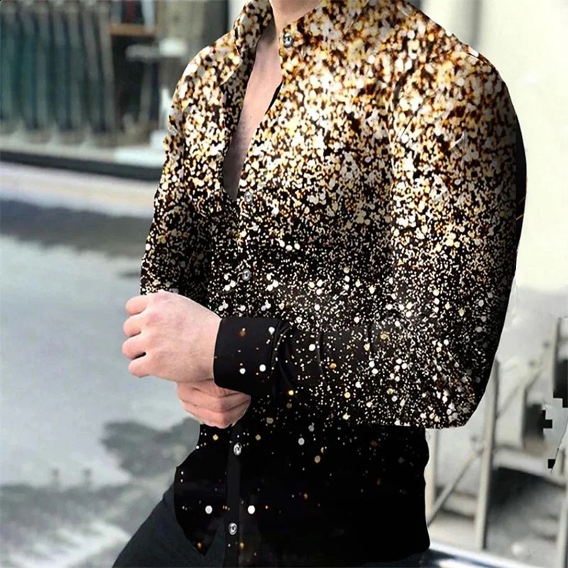 mens party shirt 3D gold printed long sleeved button top mens casual shirt plus size mens shirt 240821
