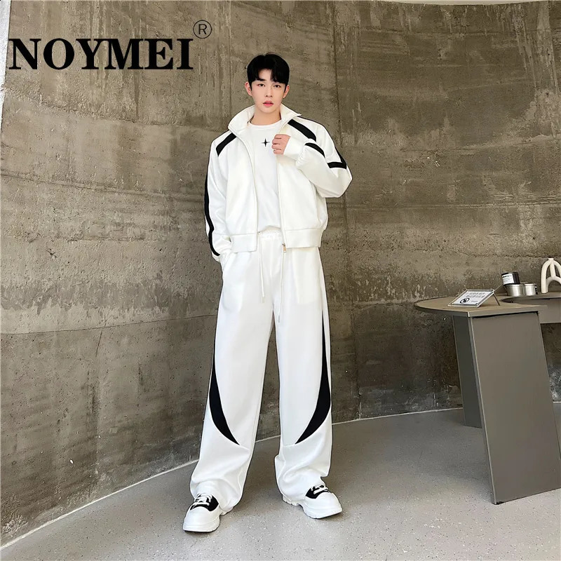 NOYMEI Personality Contrast Color n Korean Casual Loose Mens Two Pieces Set Zipper Coat Straight Pants Autumn Suits WA2937 240821