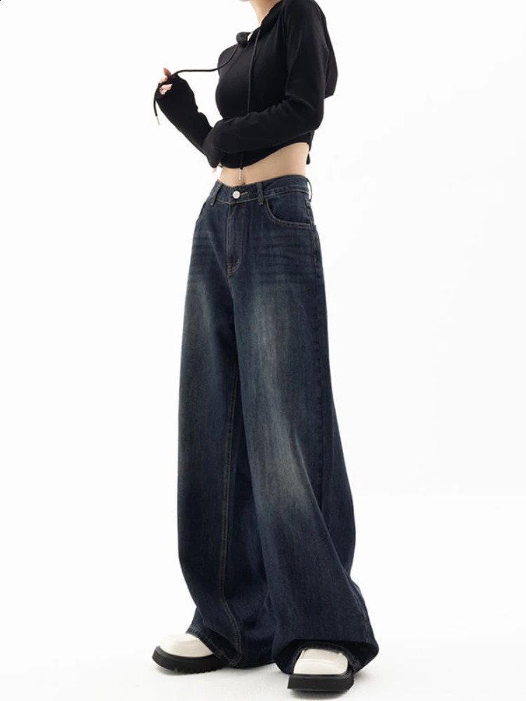 HOUZHOU Vintage Women Wide Leg Jeans Harajuku Baggy Denim Trousers Oversized Grunge Streetwear Y2k Autumn Pants Korean Fashion 240821