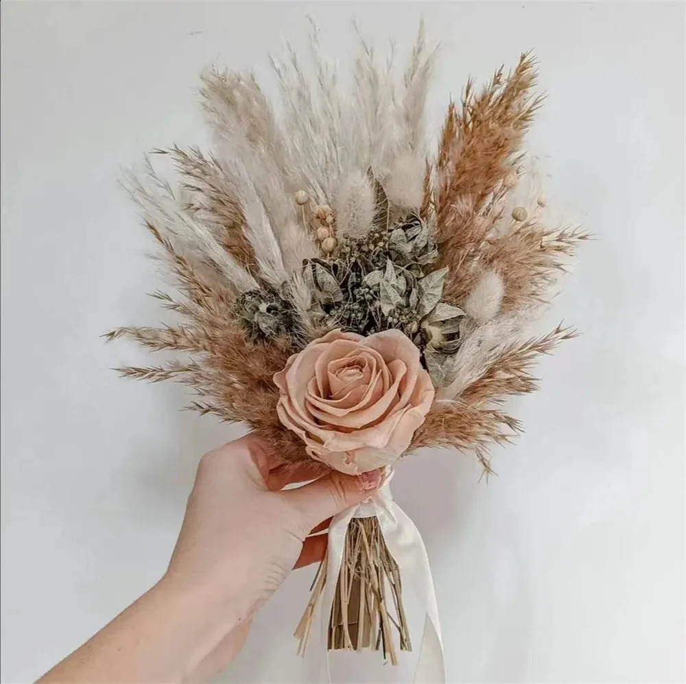 Boho Bride Bouquet Natural Dried Pampas Grass Preserved Rose Wedding Bouquet Fleur Mariage Boho Home Decor Fall Wedding Florals 240821