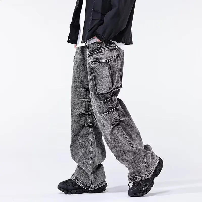 Ropa Aesthetic Y2K Fashion Vintage Grey Baggy Cargo Jeans Pants For Men Clothes Pleated Streetwear Straight Long Trousers 240814