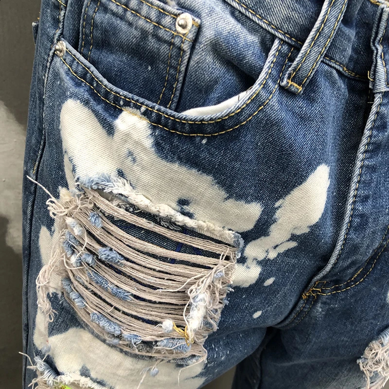 Slim Fit Denim Punk Jeans Streetwear Broken Hole Patch Skinny Trouser Quality Men High Street Denim Patchwork Stretch Jean 240821