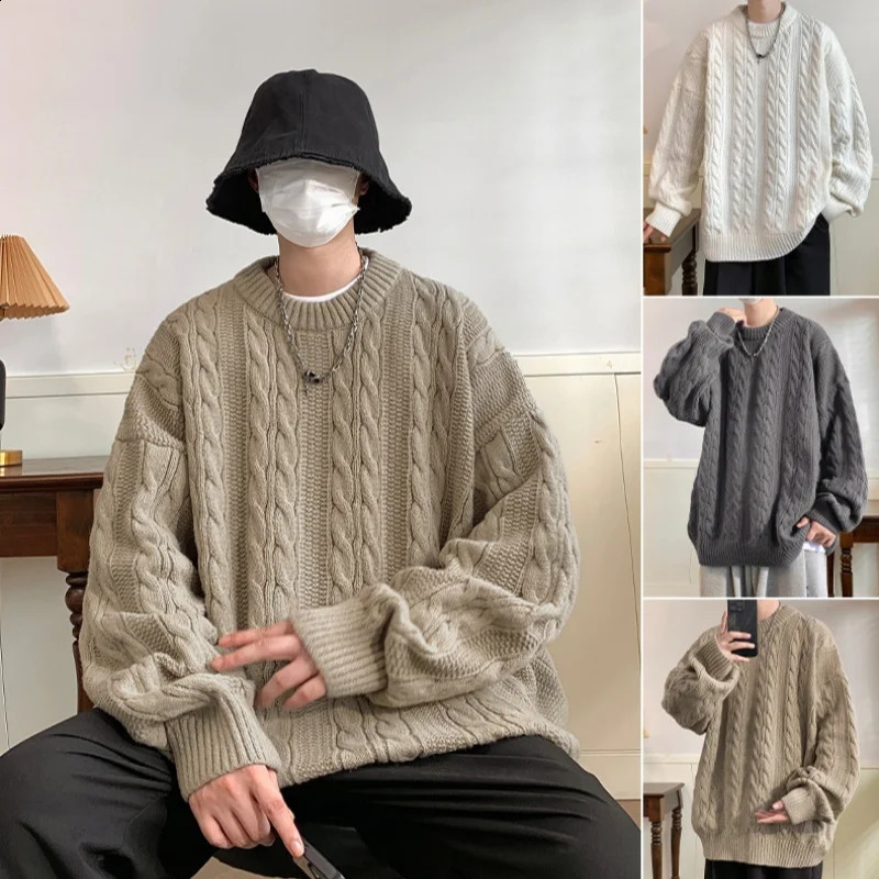 Solid Colour Ribbed Twist Pattern Round Neck Pullover Sweater Men Women Autumn Winter Couple Loose Knitted Woolen Top Warm Soft 240821