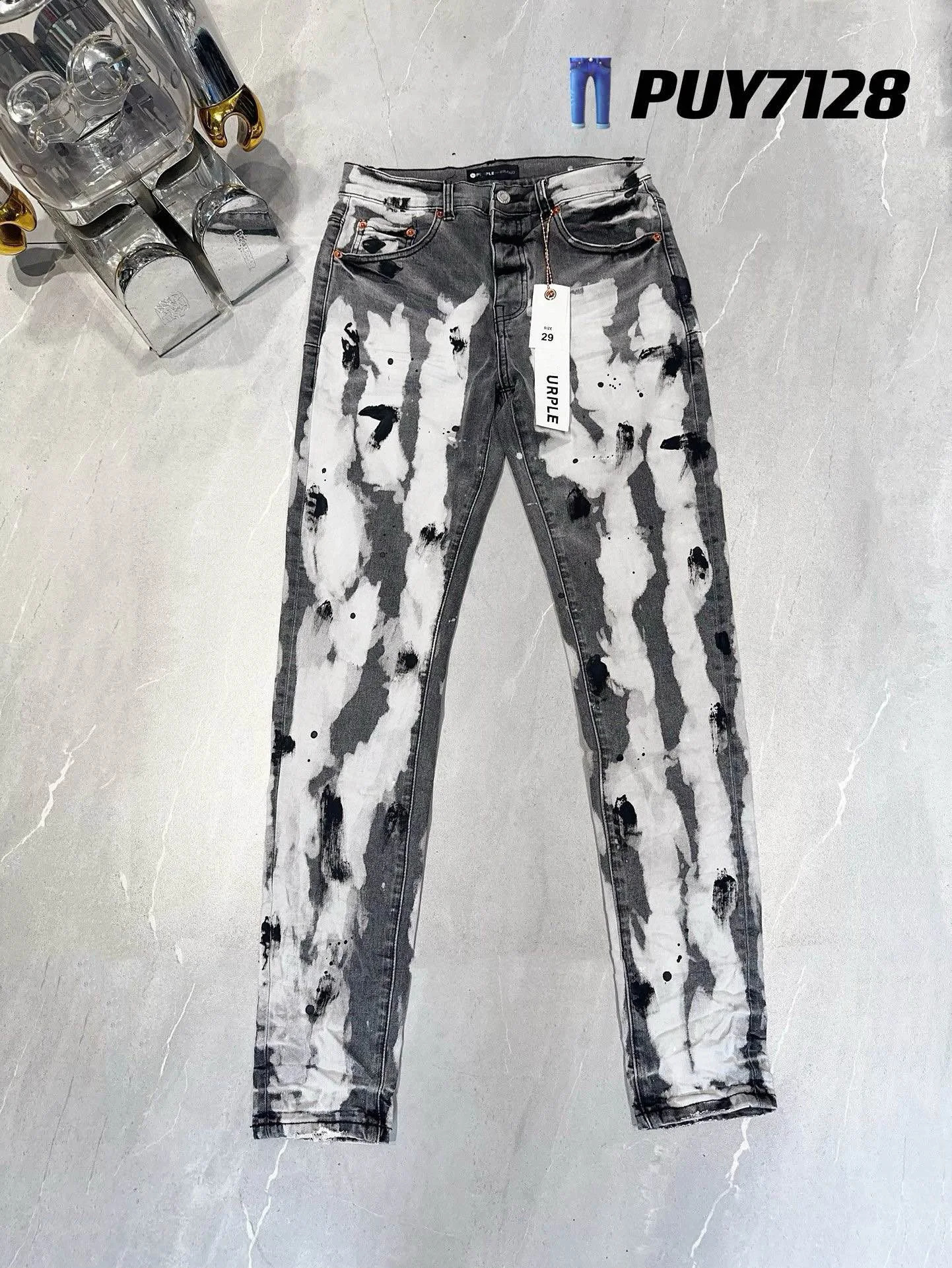 Graffiti Print Grey Jeans Men Slim Fit Washed Denim Bottoms Female High Street Jeans Clothes 240821