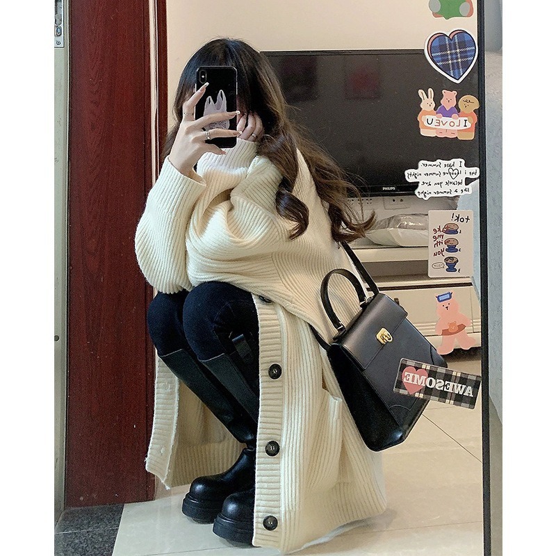 V-neck lazy style cardigan 2024 new simple sweater women's autumn and winter casual loose knitted jacket